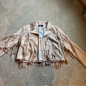 Beige Fringe Leather Jacket